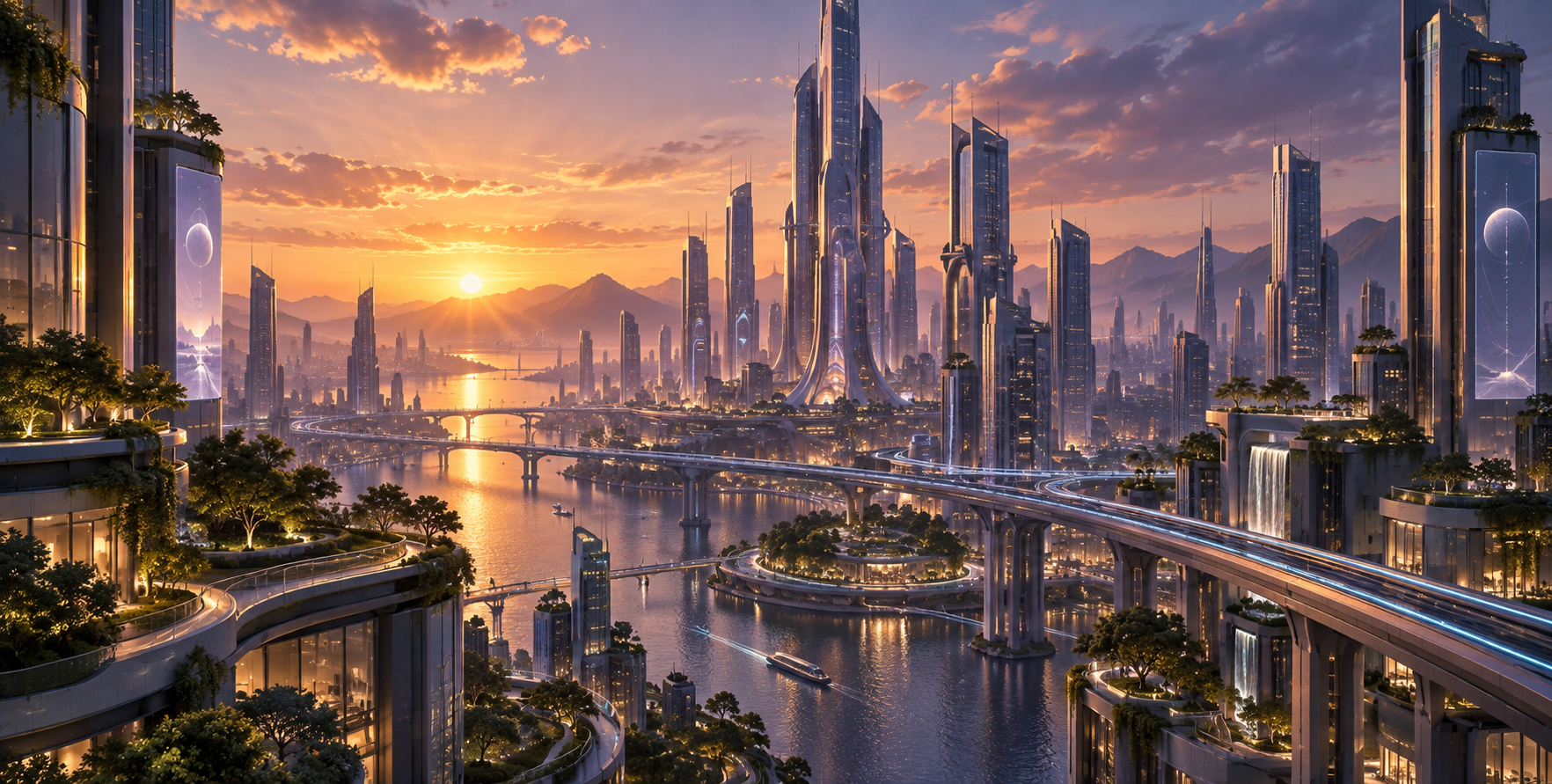 Футуристический научно-фантастический городской пейзаж в сумерках — AI image creation