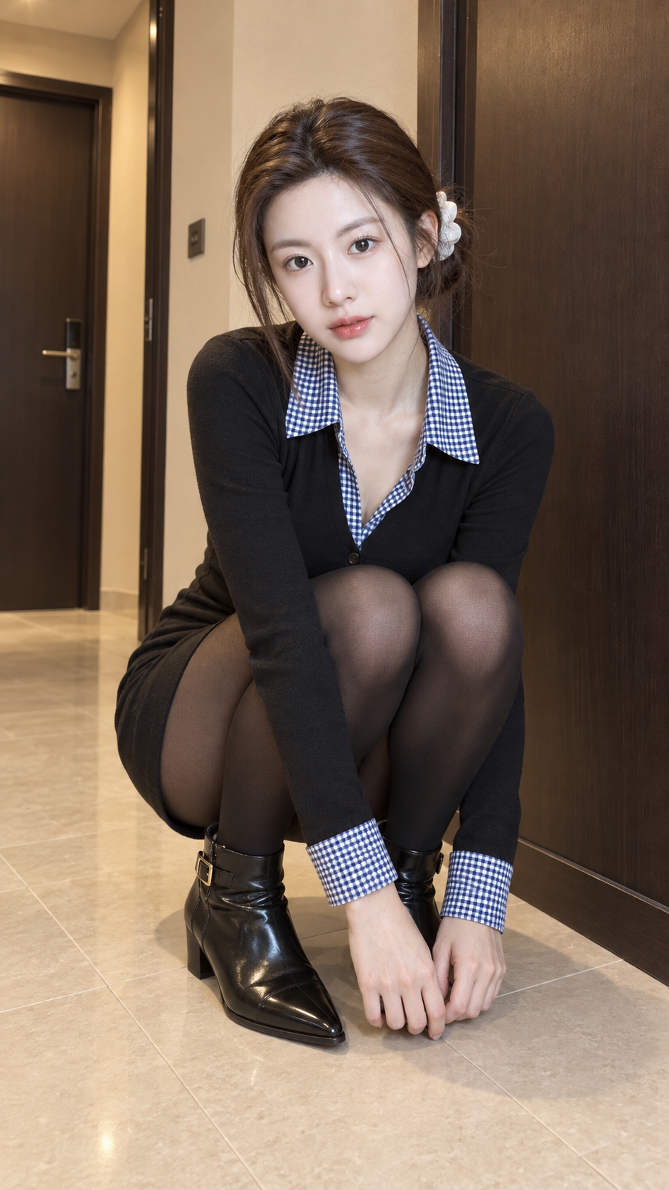 现代室内低蹲姿势成年女性写真