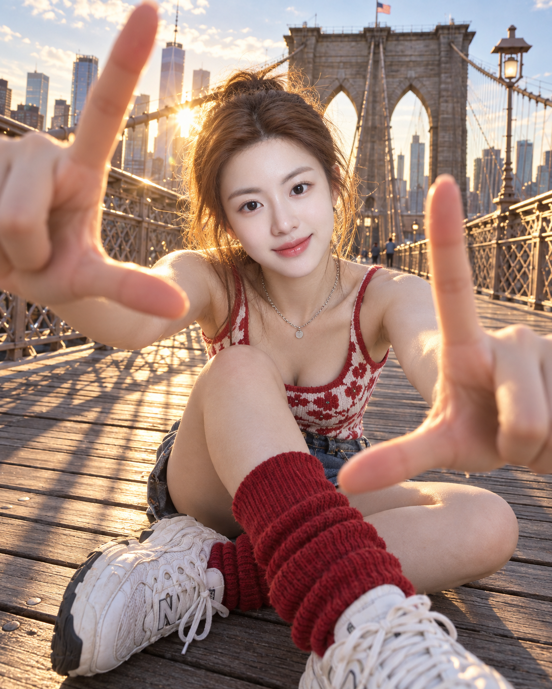 Ảnh đường phố cô gái năng động ở cầu Brooklyn