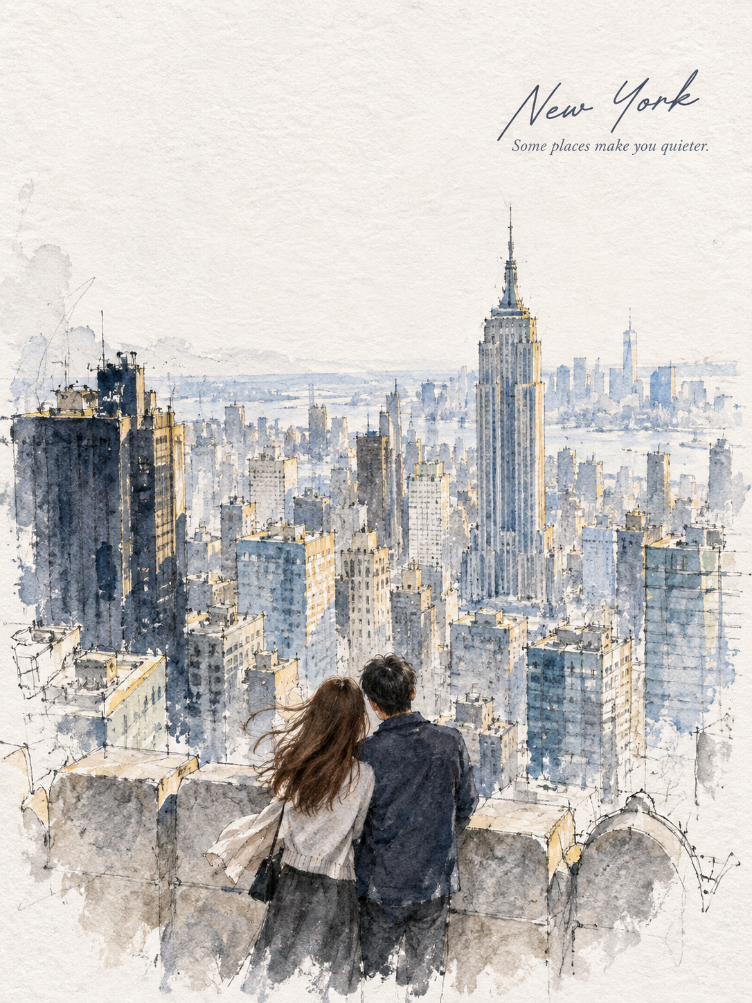 Croquis urbain minimaliste à l'aquarelle et à l'encre depuis le Top of the Rock, New York