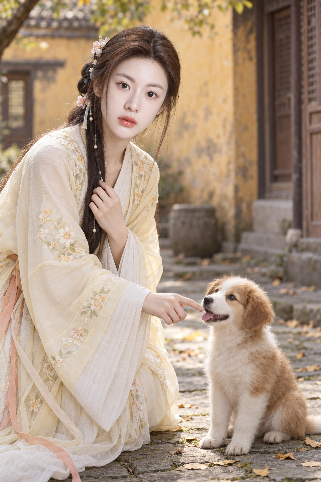 Jeune femme en hanfu jouant avec un chiot dans une cour ancienne