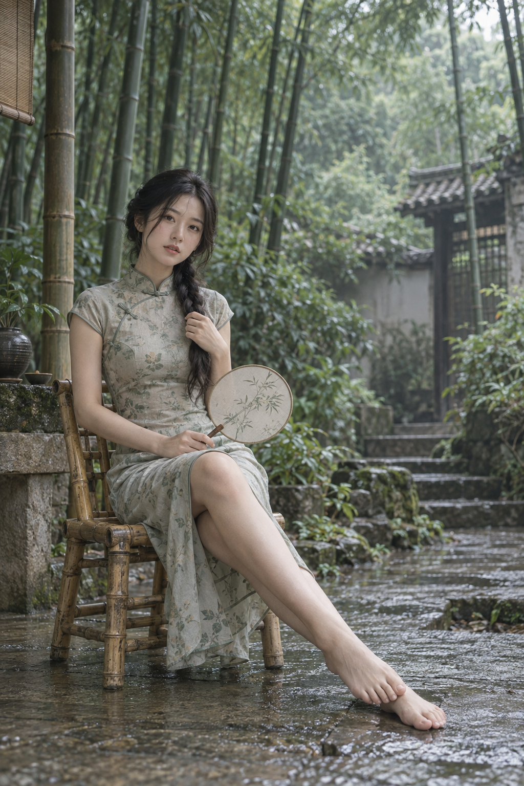Portrait estival d'une femme adulte en qipao revisité dans une bambouseraie
