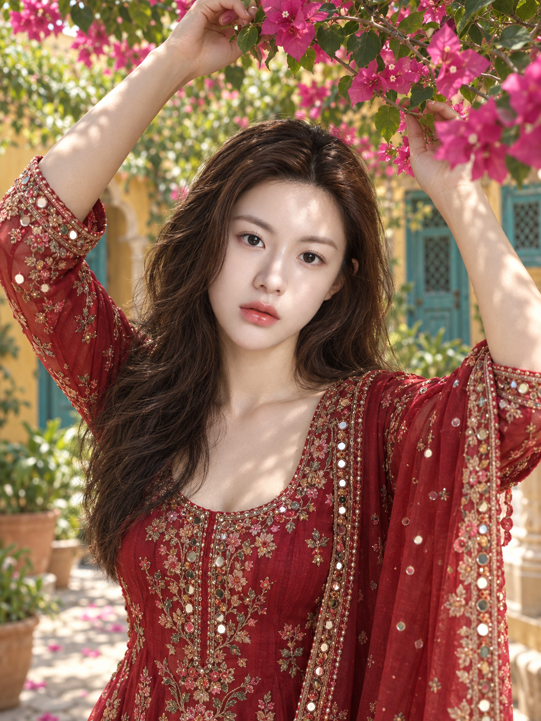 Portrait of a South Asian Woman in a Bougainvillea Courtyard