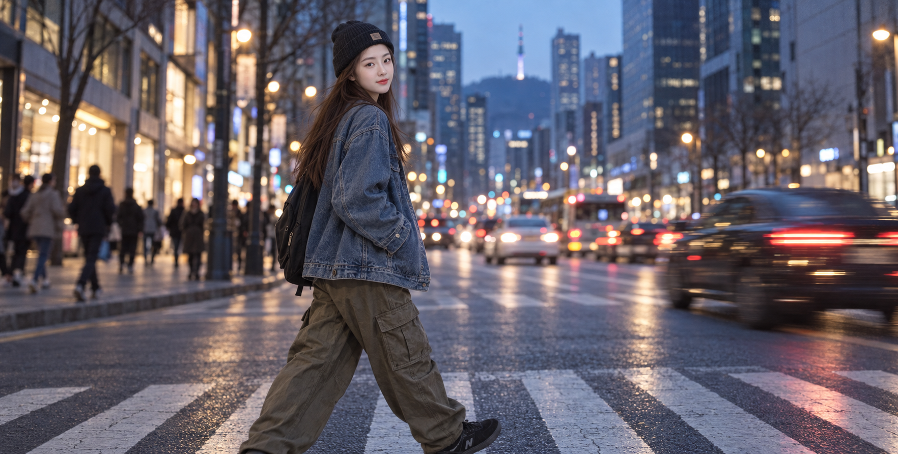 ブルーアワーの街を歩くおしゃれな女の子