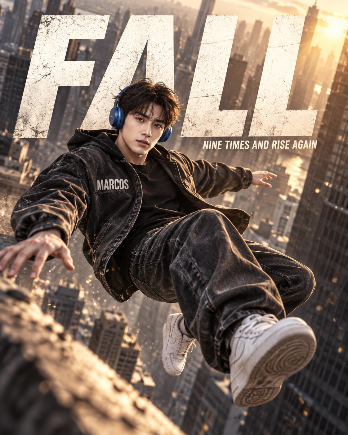 Poster điện ảnh người đàn ông trưởng thành mặc streetwear lơ lửng
