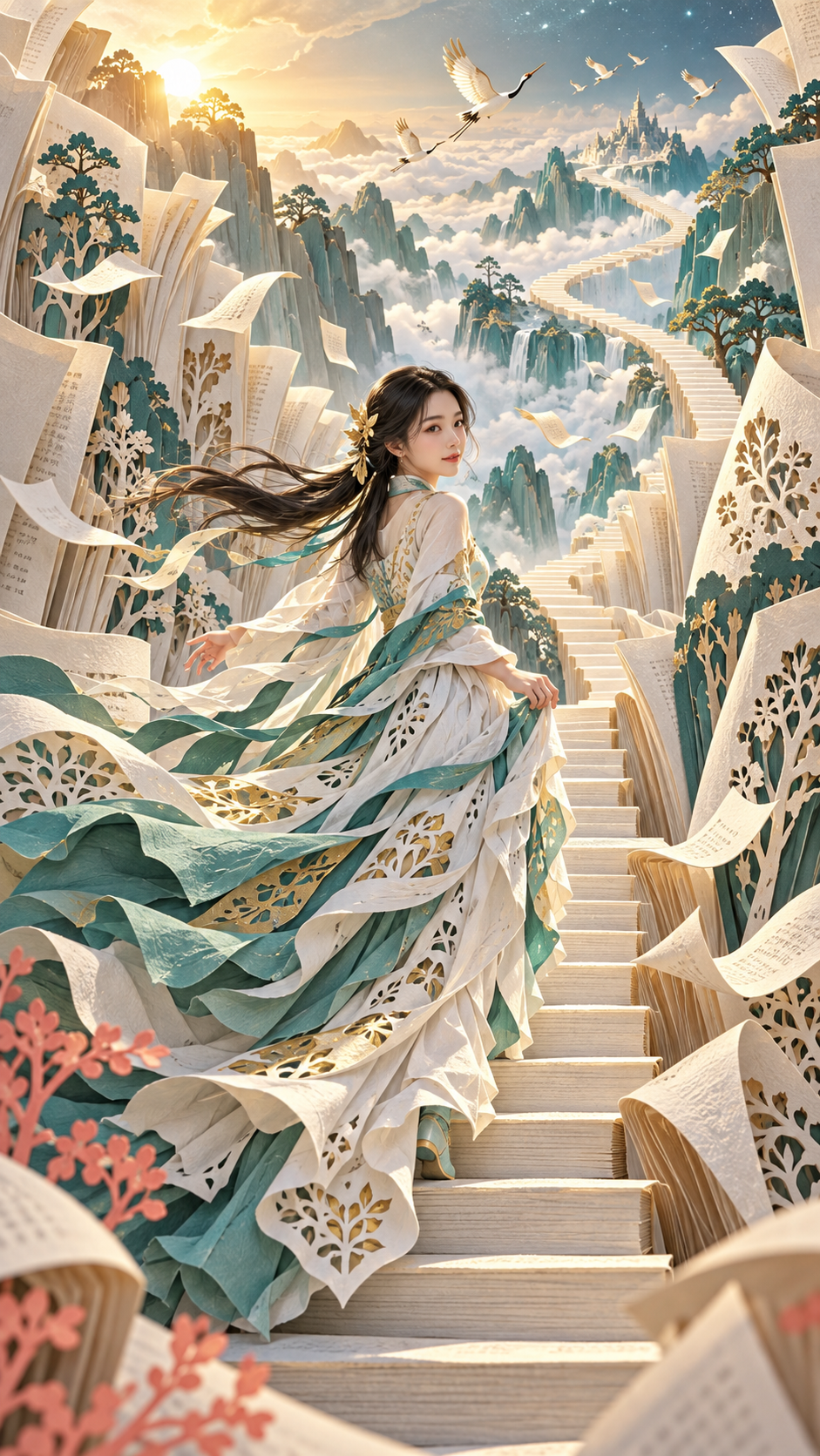 Affiche d'art en papier découpé 3D onirique d'une femme orientale moderne