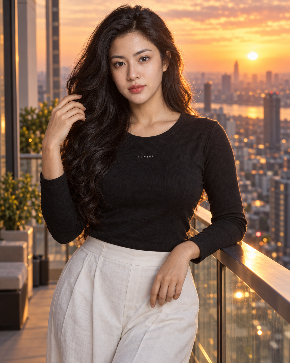 Portrait of an Adult Indian Woman on a High-Rise Balcony at Sunset