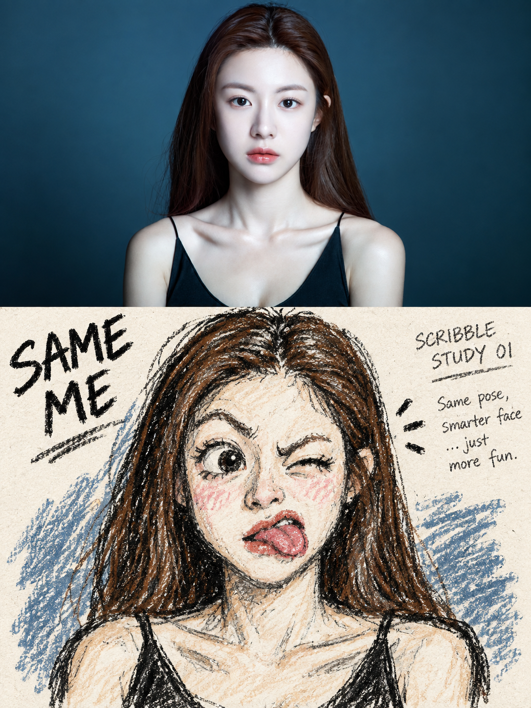 Photo to Crayon Doodle Funny Faces Comparison Poster