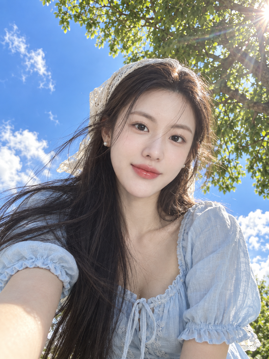 Selfie góc thấp của phụ nữ Đông Á phong cách đồng quê dưới bầu trời xanh