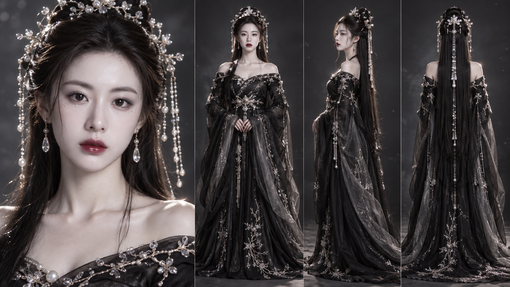 Mỹ nhân Hán phục lạnh lùng phong cách cổ tối hyperrealistic, bốn góc nhìn