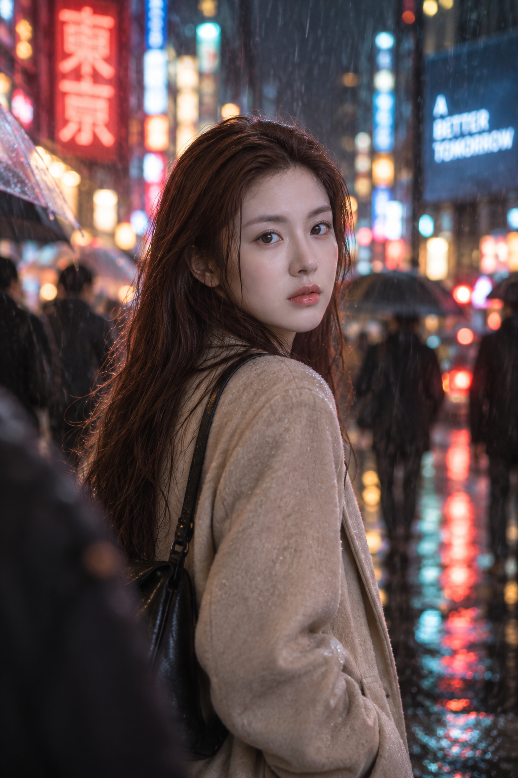 ネオンの雨夜に振り返る憂鬱な都市の大人女性