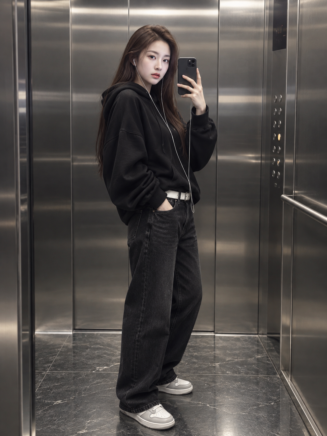 Ảnh selfie gương đen trắng của phụ nữ trưởng thành trong thang máy kim loại hiện đại