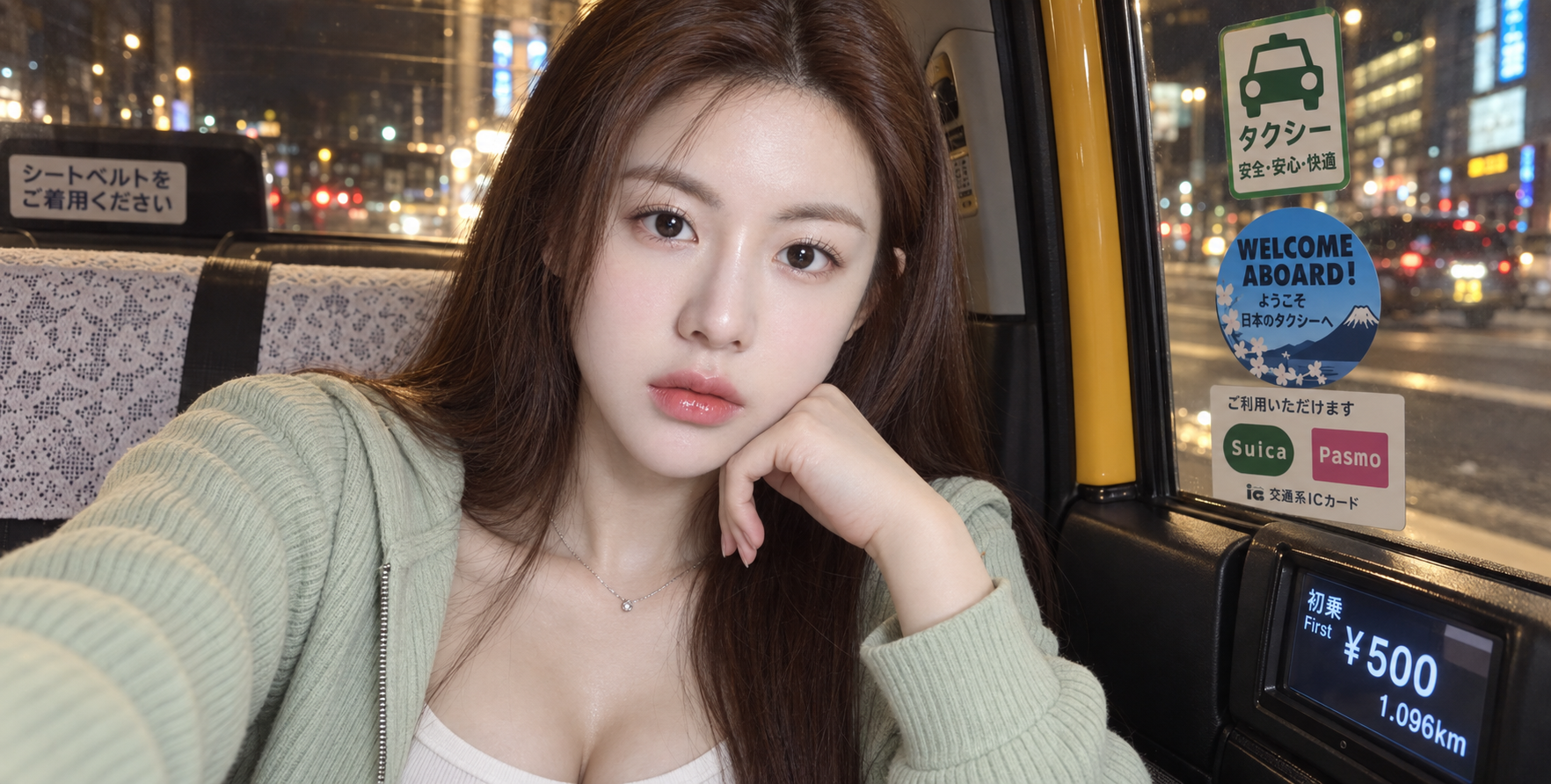Nighttime selfie of a young East Asian woman in a Japanese taxi
