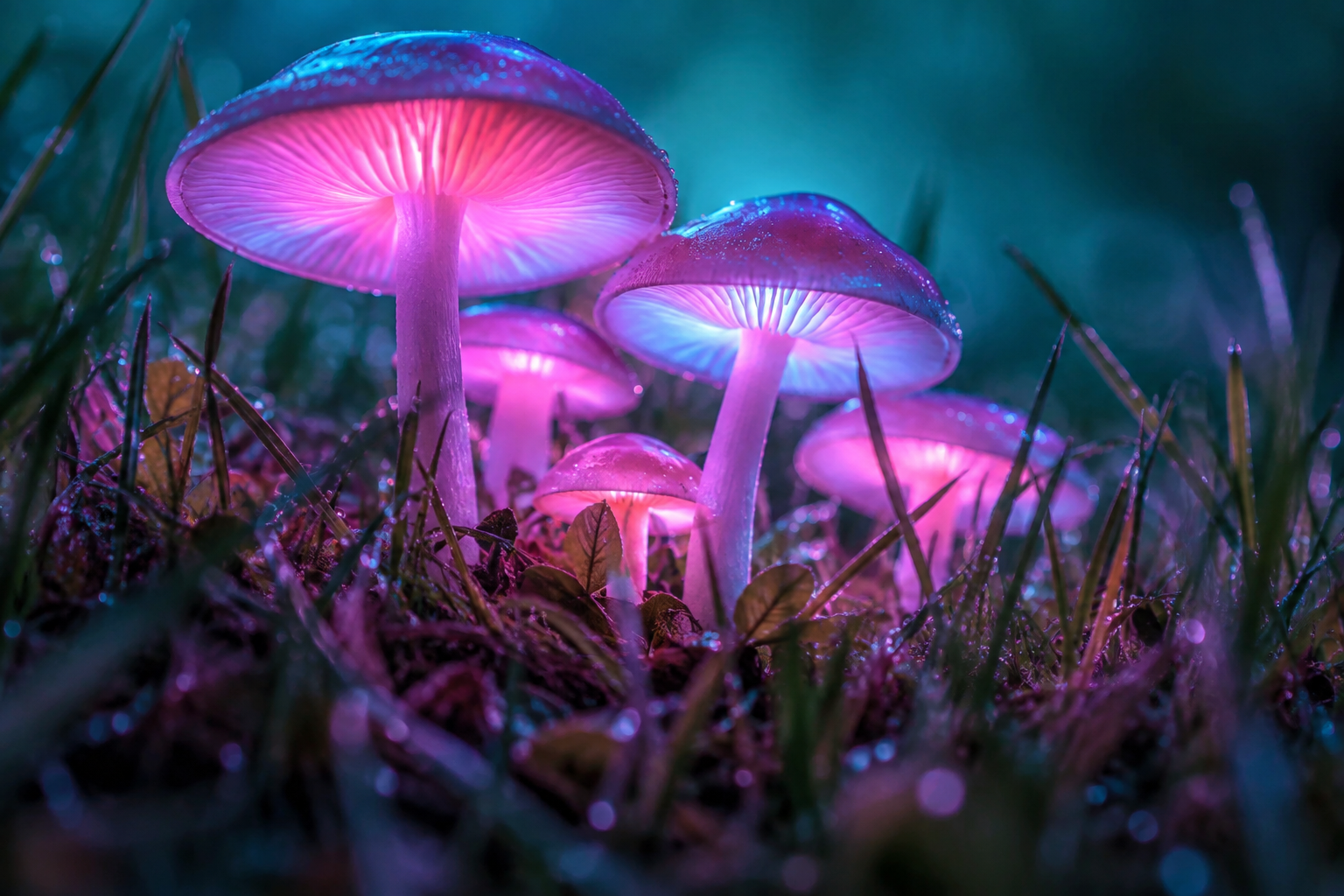 Bosquet de champignons lumineux sous des néons brumeux