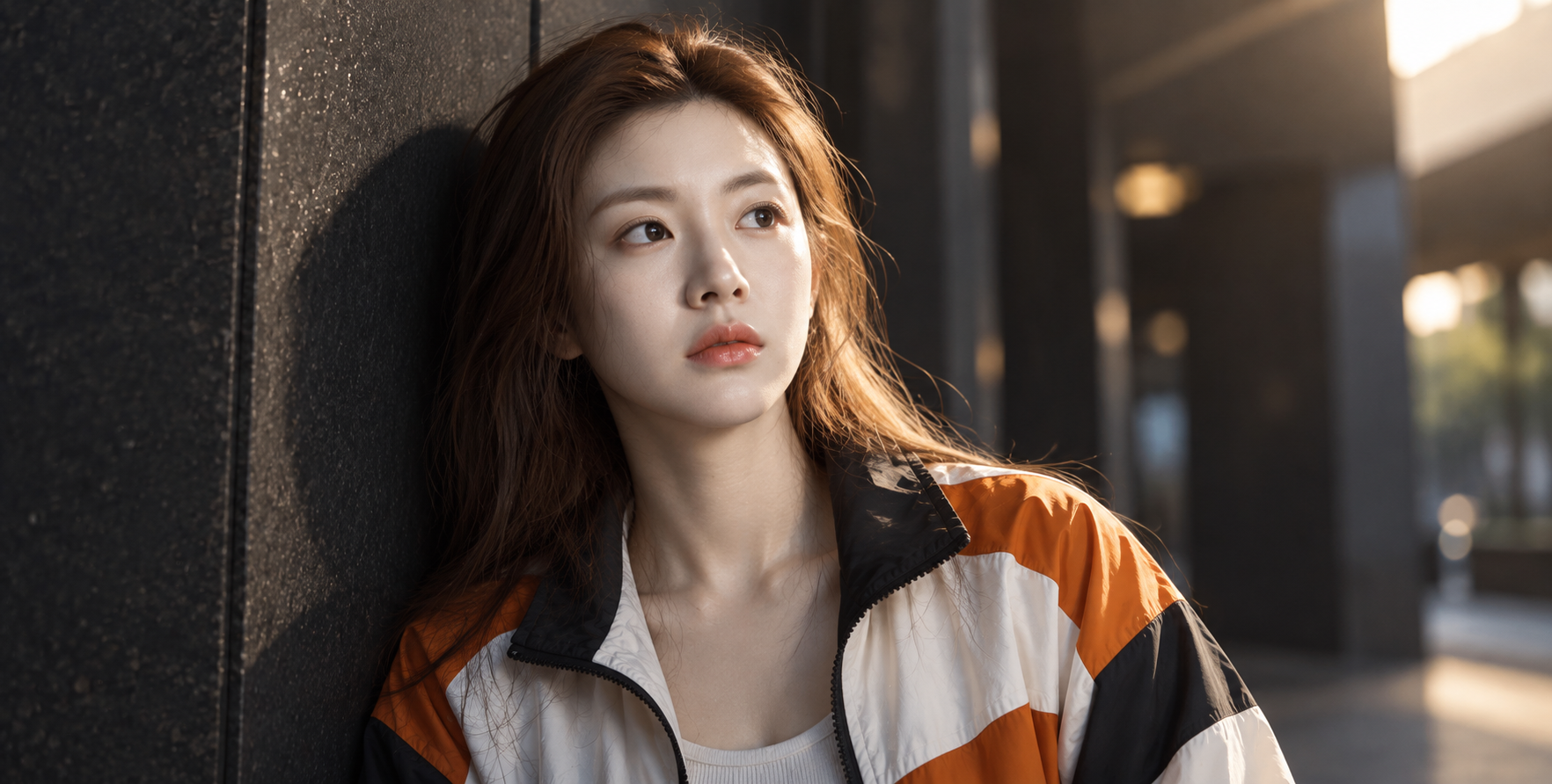 Lumières urbaines : portrait d'une femme en veste color-block