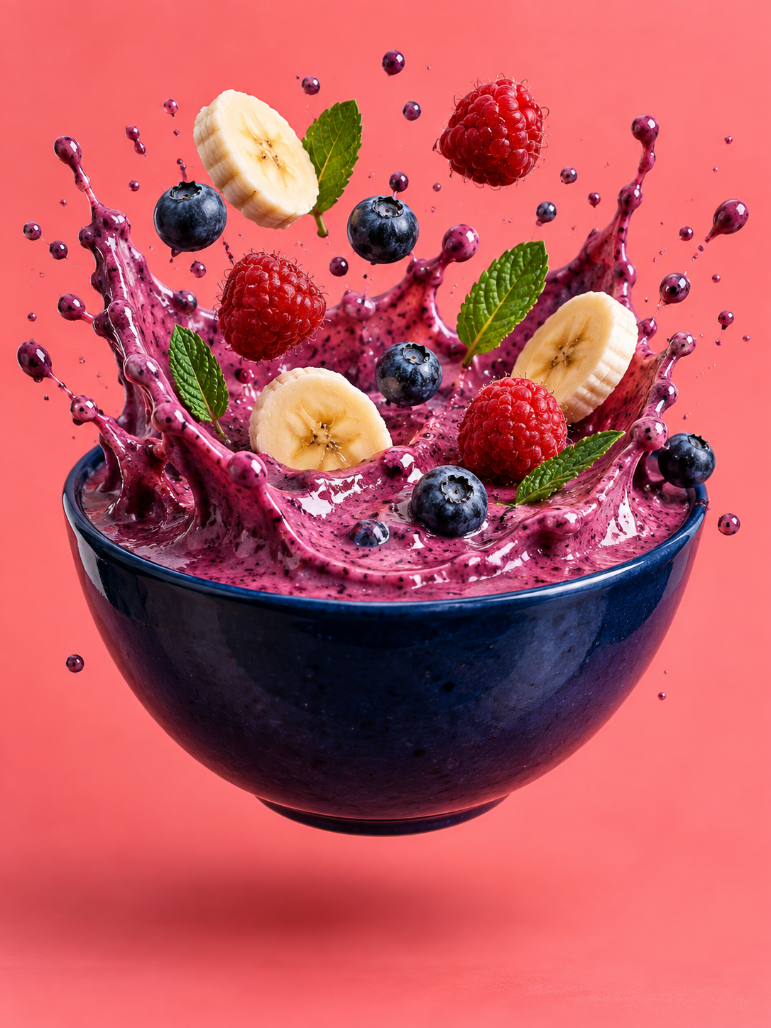 Bol de smoothie aux baies en apesanteur, photographie publicitaire gastronomique haut de gamme