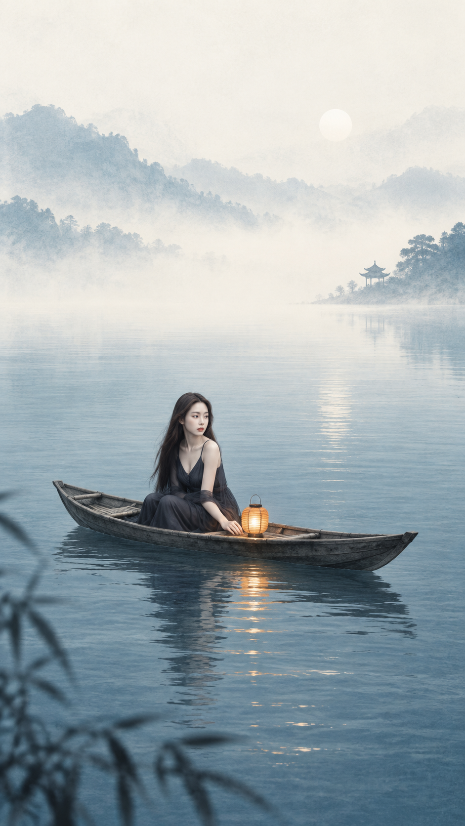 Eastern Zen Lake Poster with Blue, Orange, Gold Bamboo and Boat
