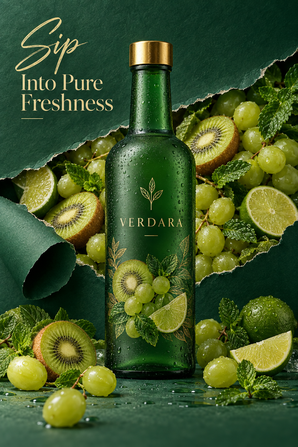 VERDARA エメラルドグリーンのマットボトル高級飲料広告
