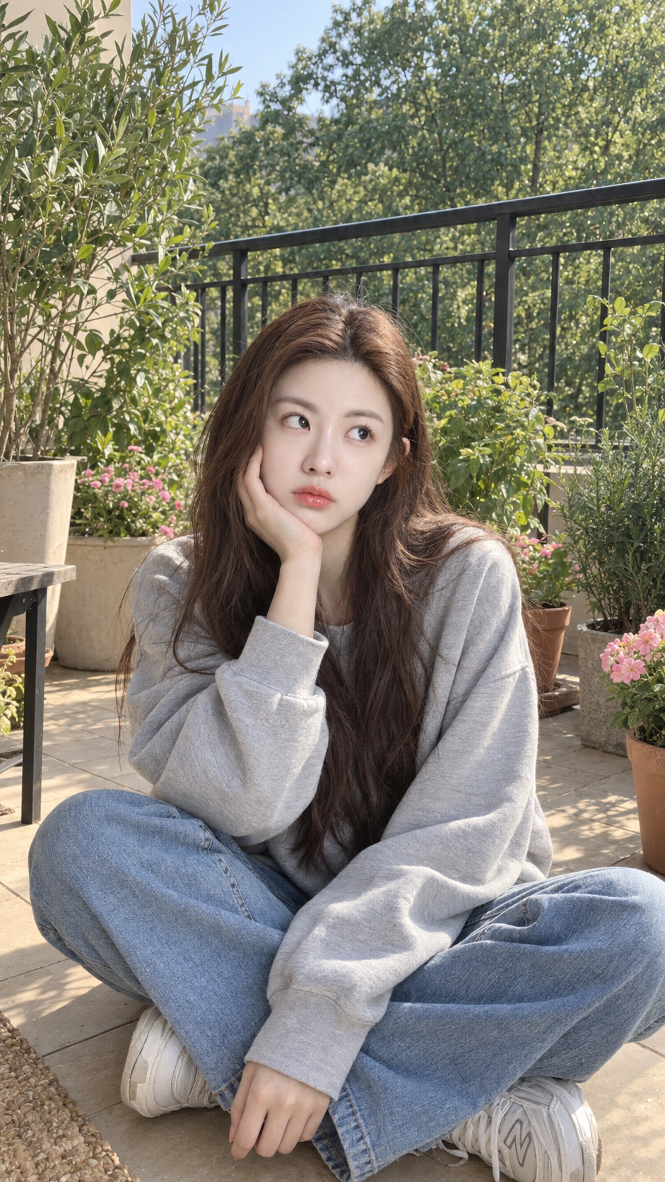 Portrait of an Asian girl sitting cross-legged in a balcony garden