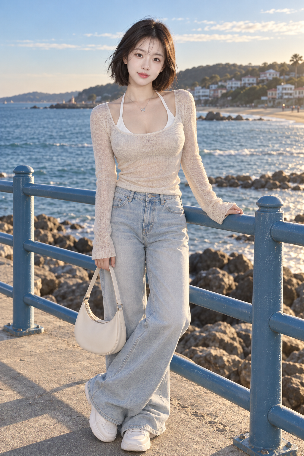 韓国風の海辺の遊歩道で撮るショートヘア成人女性のファッションフォト