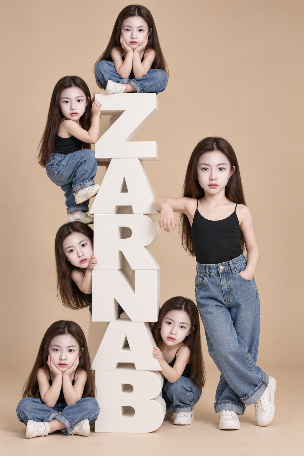 巨大なZARNABのブロック文字を囲む幼児のクローンたち