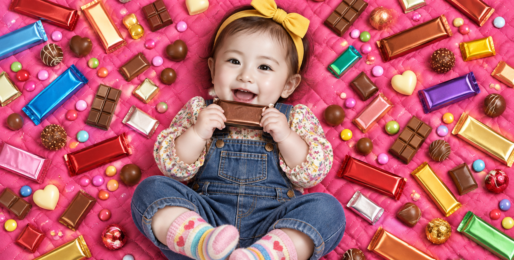 Photo à plat joyeuse d'un bébé allongé dans un océan de chocolat coloré