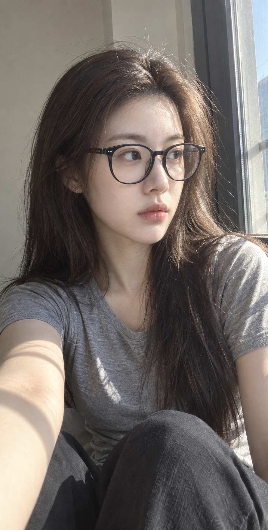 Hyperrealistic Phone Selfie of an East Asian Woman by the Window