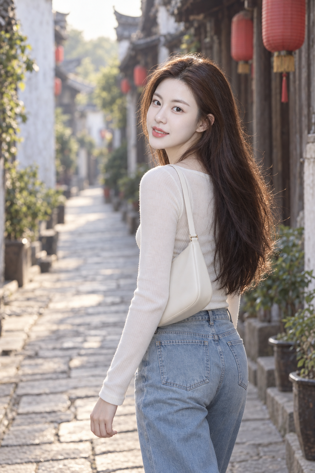 Portrait doux d'une femme d'Asie de l'Est sur les pavés d'une vieille ville chinoise