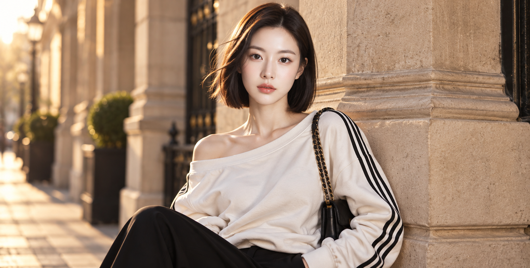 Chân dung thời trang áo hoodie sọc tóc bob đen giờ vàng