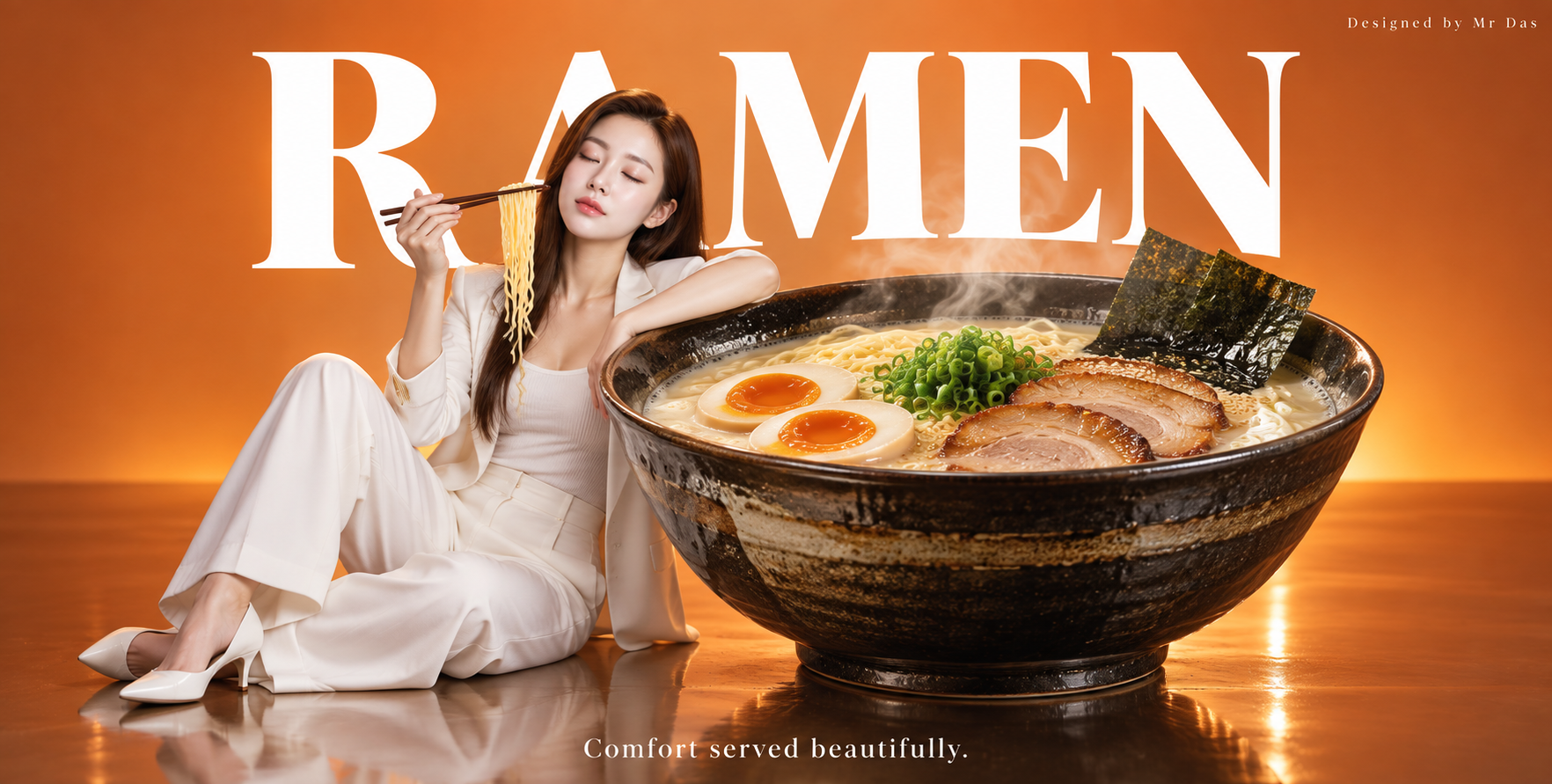 Publicité minimaliste d'un bol de ramen japonais géant avec une femme élégante
