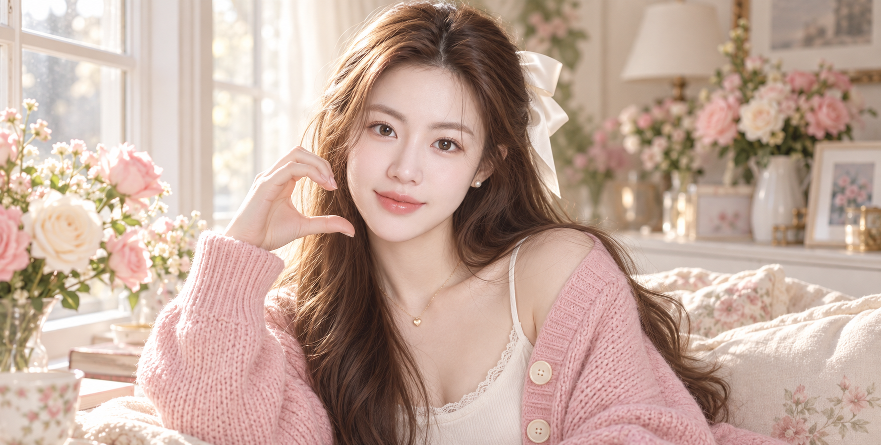 Portrait doux d'une femme adulte en pull rose près d'une fenêtre ensoleillée
