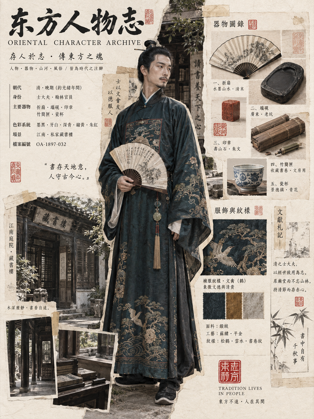 东方古风人物志剪纸拼贴海报