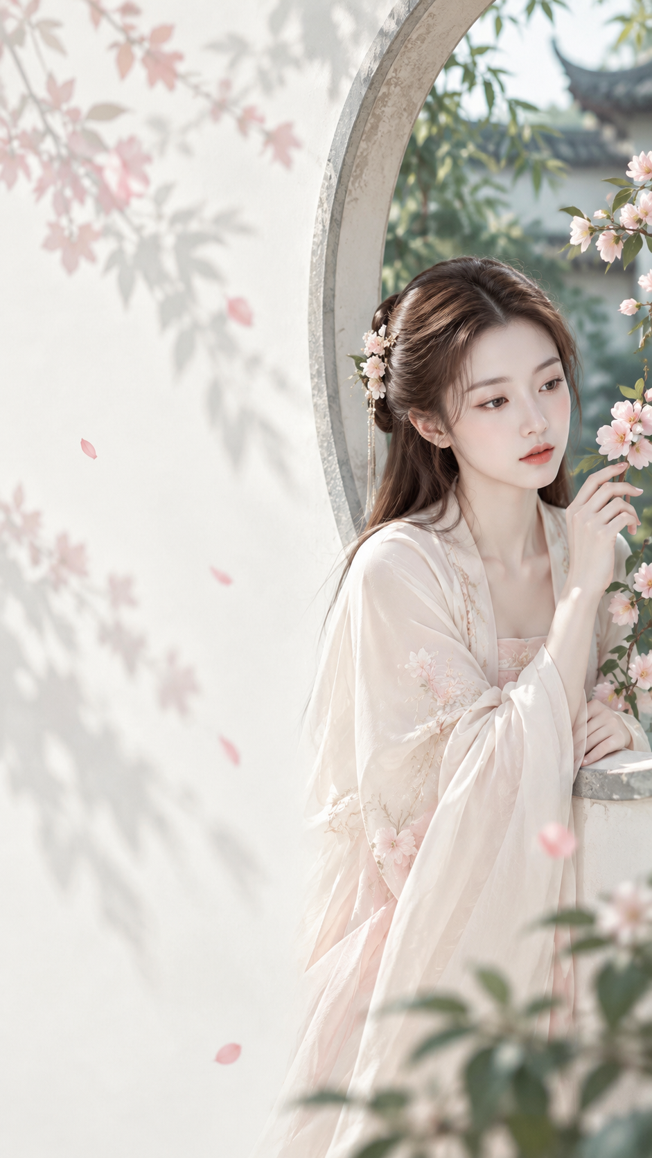 Áp phích tối giản thiền phương Đông với người phụ nữ bên cửa sổ trăng