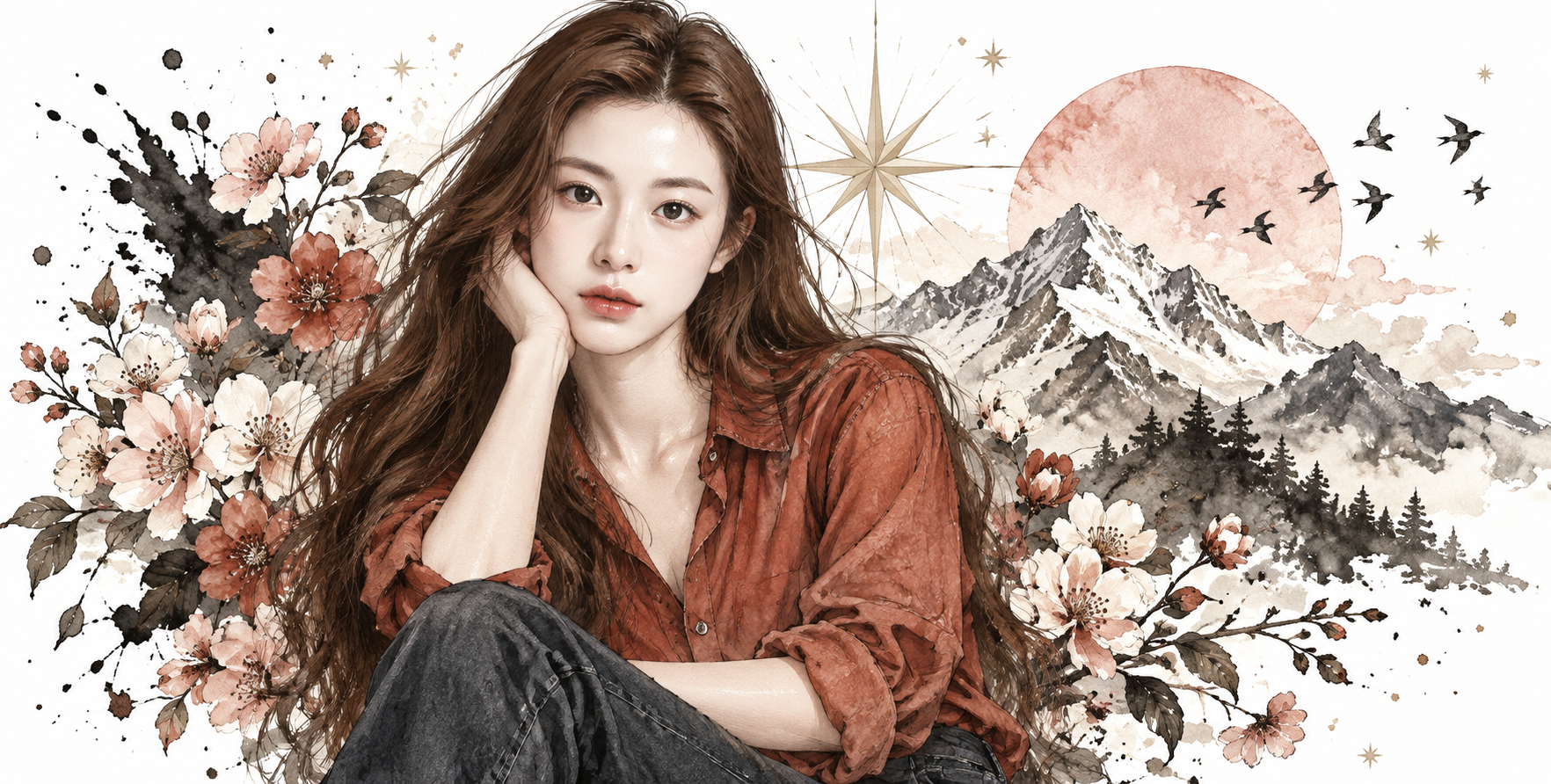 高精細な水彩と墨の女性ファッション肖像画 — AI image creation