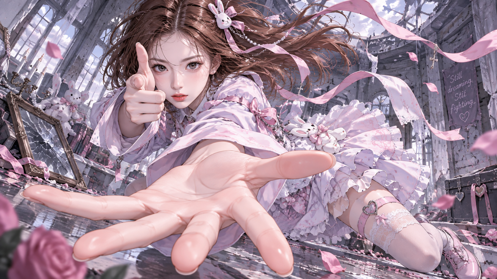 広角パースの日系少女の躍動する戦闘ポーズ
