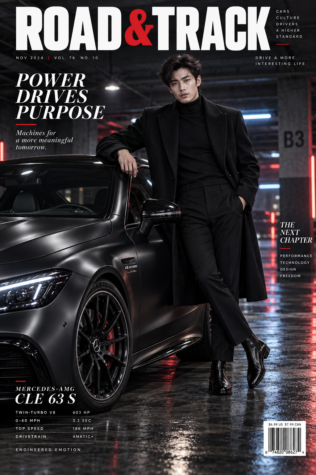 超リアルな韓国系イケメンとスポーツカーの雑誌表紙