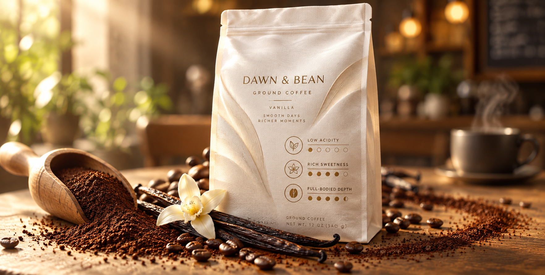 Morning Light Vanilla Ground Coffee Luxury Product Photography