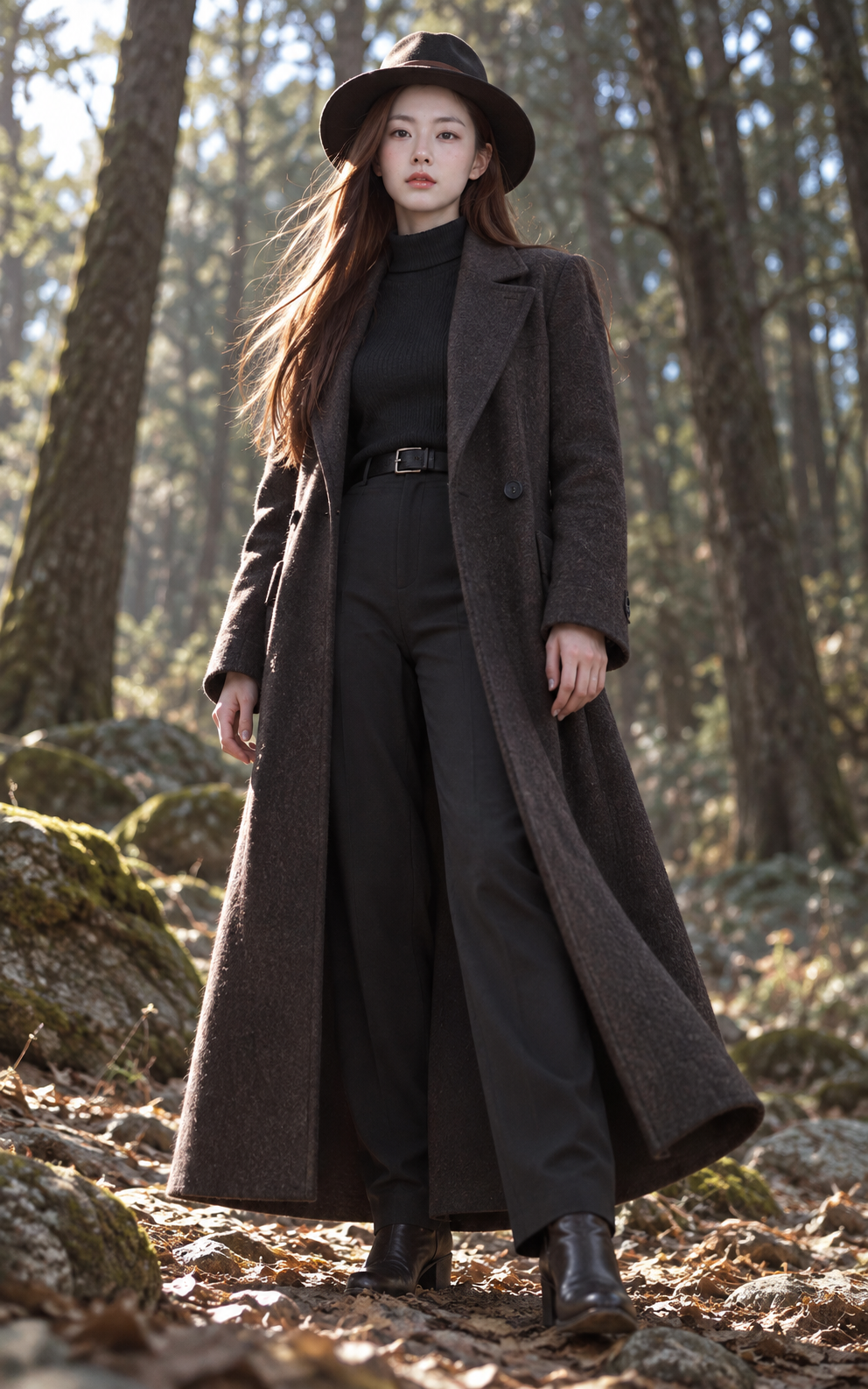 Realistic photograph of a confident woman in a coat in a twilight forest