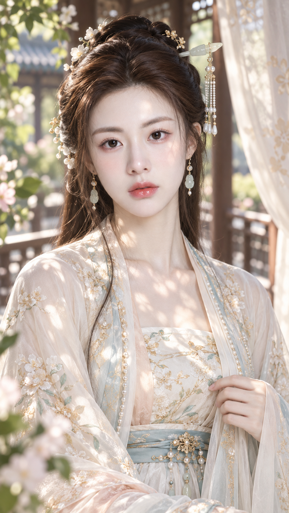 Close-up Portrait of a Noble Lady in Ancient Style with Floral Shadow and Water Light Makeup