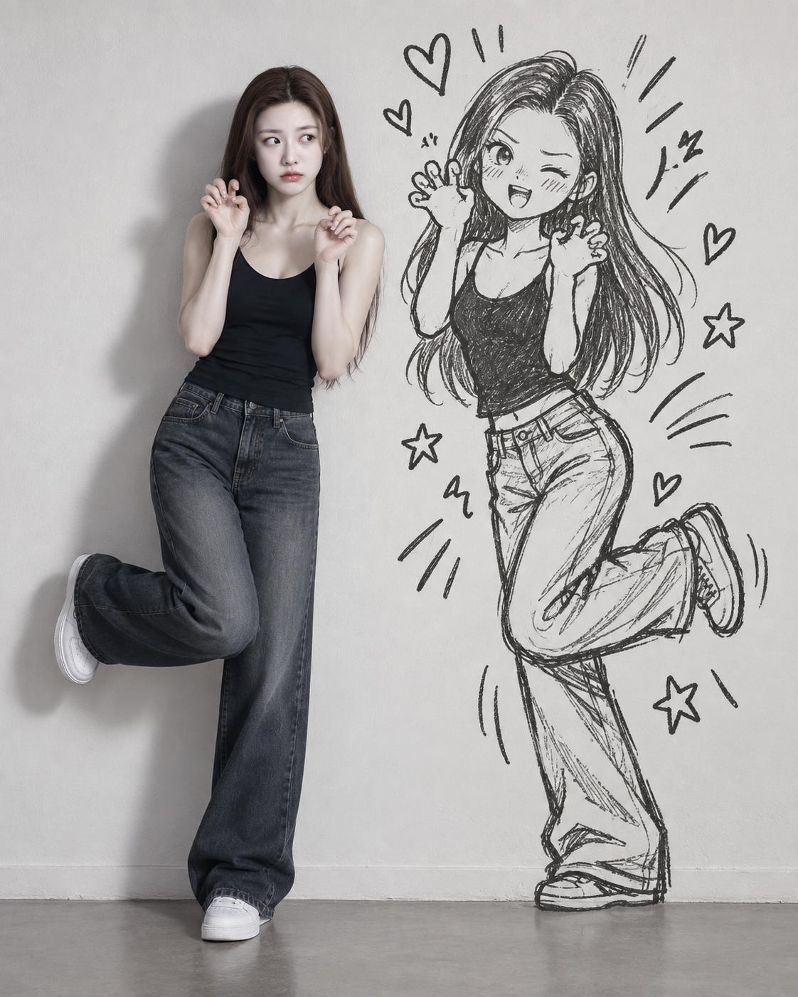 Người thật tương tác với bóng hình graffiti đen — AI image creation