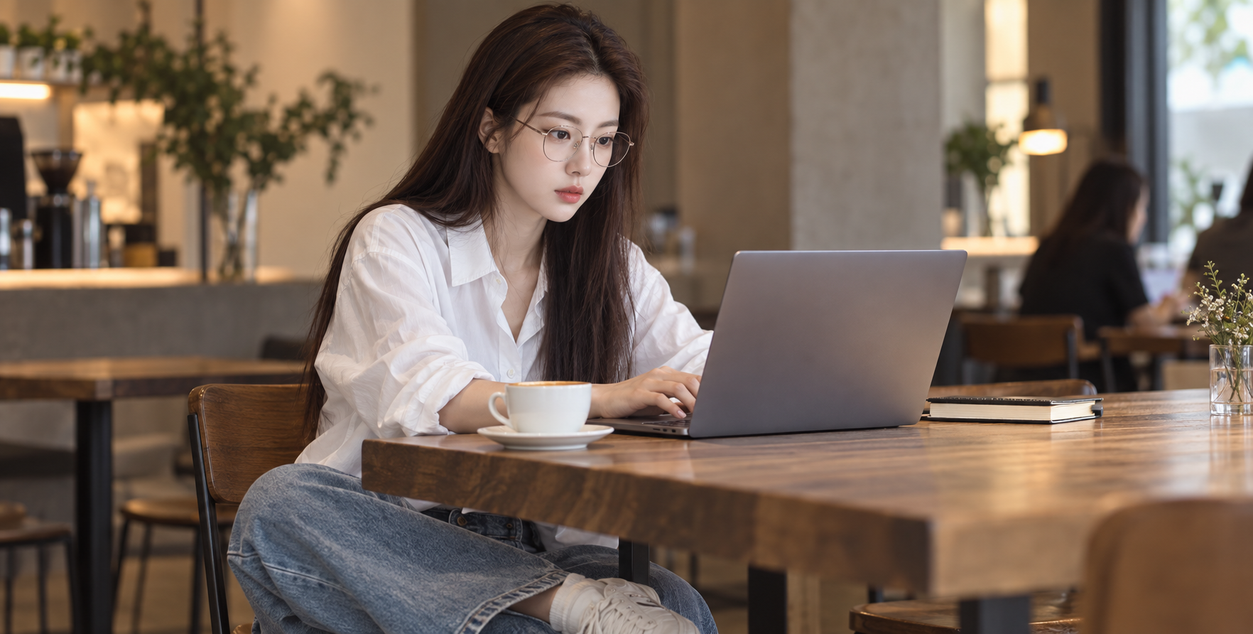 モダンなカフェで仕事に集中する大人の女性