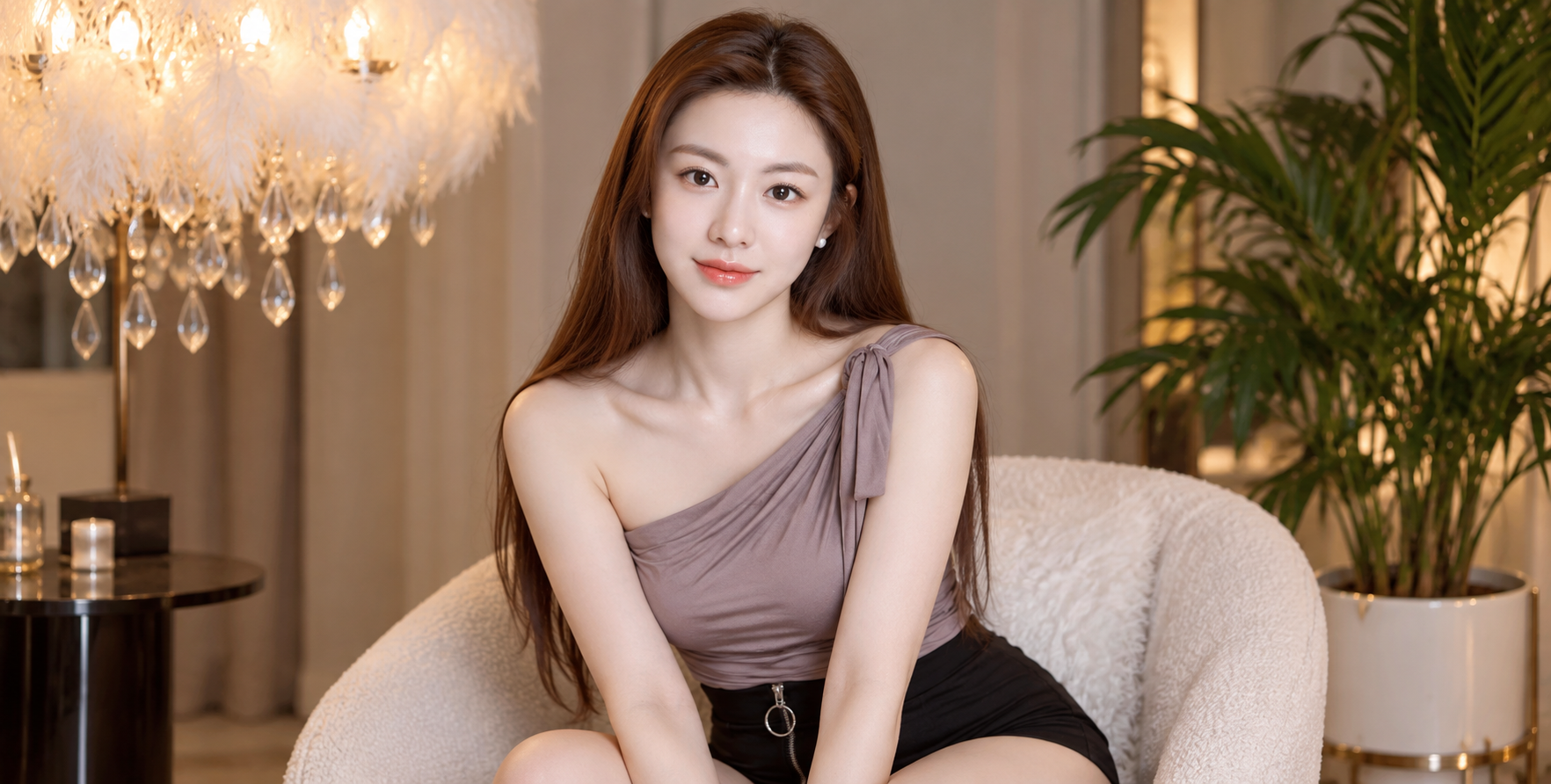 灰紫色斜肩上衣黑短裤东亚女性室内人像