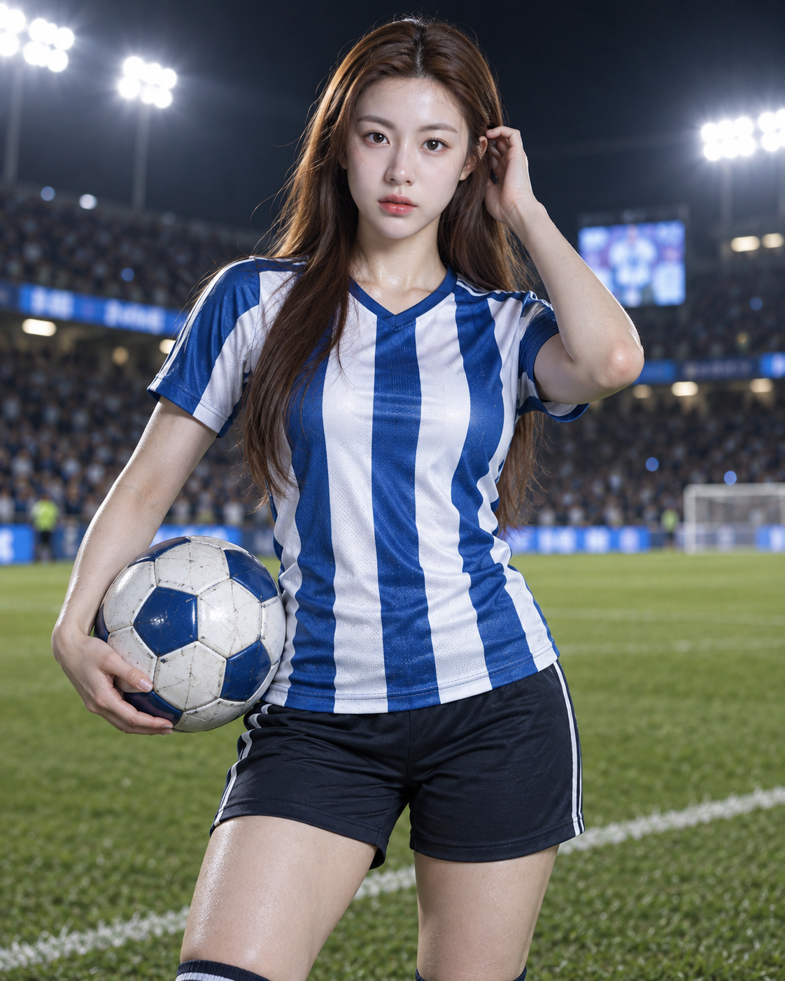 Portrait of an adult woman in blue and white stripes on a soccer field