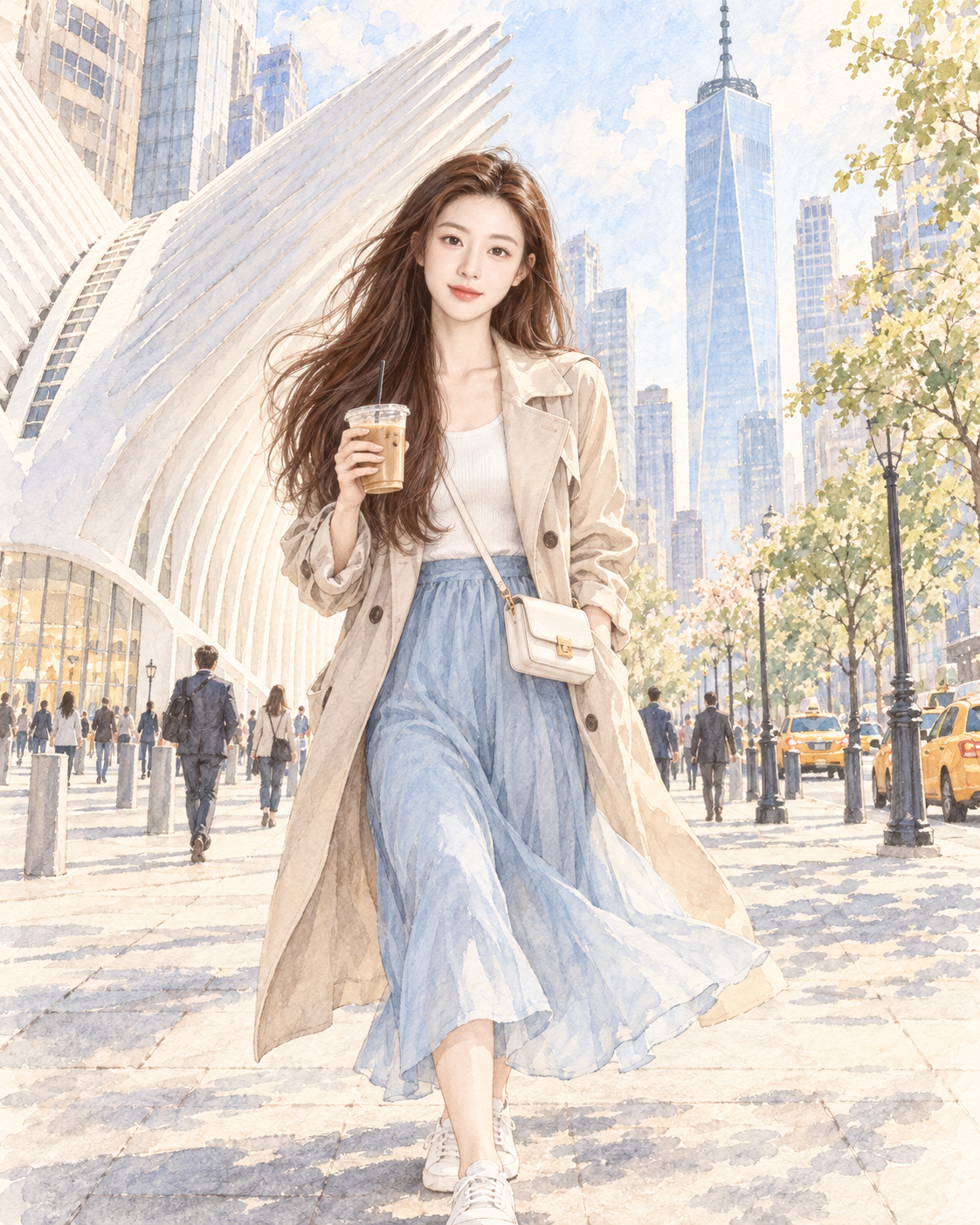 Promenade onirique à l'aquarelle : femme d'Asie de l'Est à New York