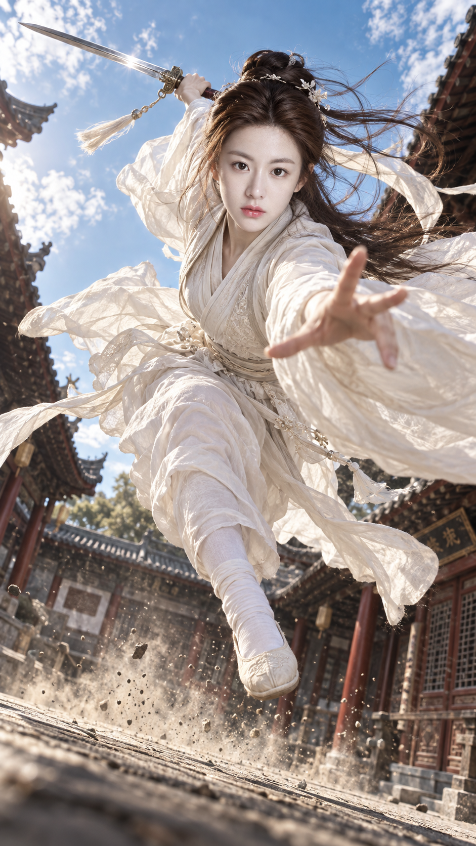 Photographie d'action hyperréaliste d'une héroïne wuxia en robe blanche
