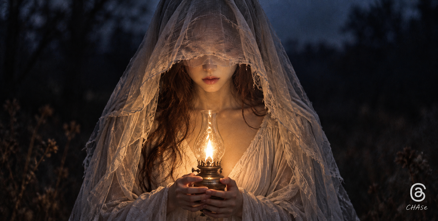 Gothic Fantasy Girl Holding a Lantern with a Mysterious Veil Portrait