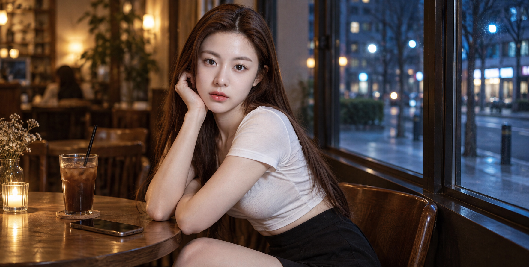 Realistic East Asian Woman with Tied Hair Sitting Sideways in a Night Café