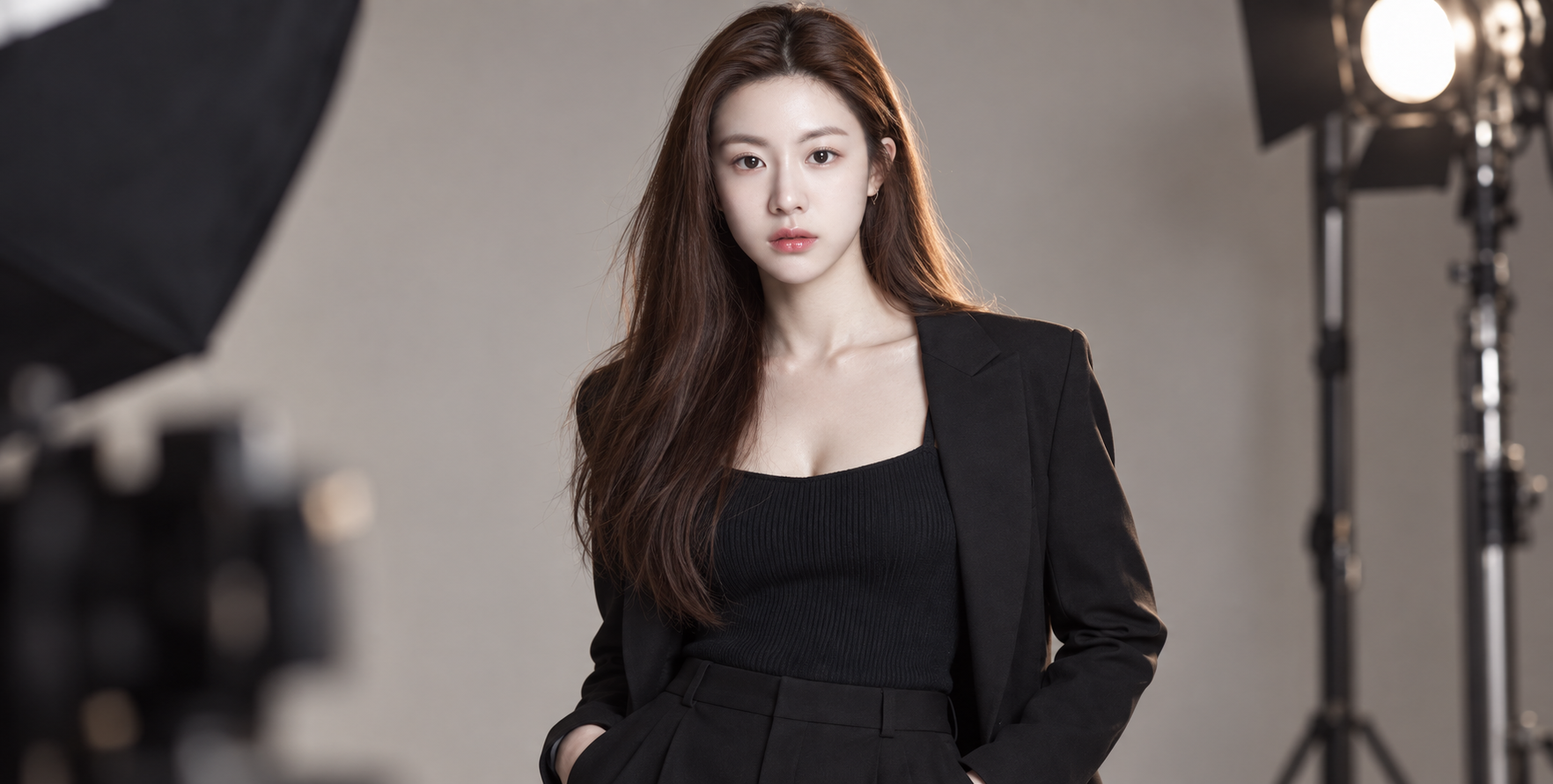 ミニマルスタジオの韓国系女性ファッションポートレート