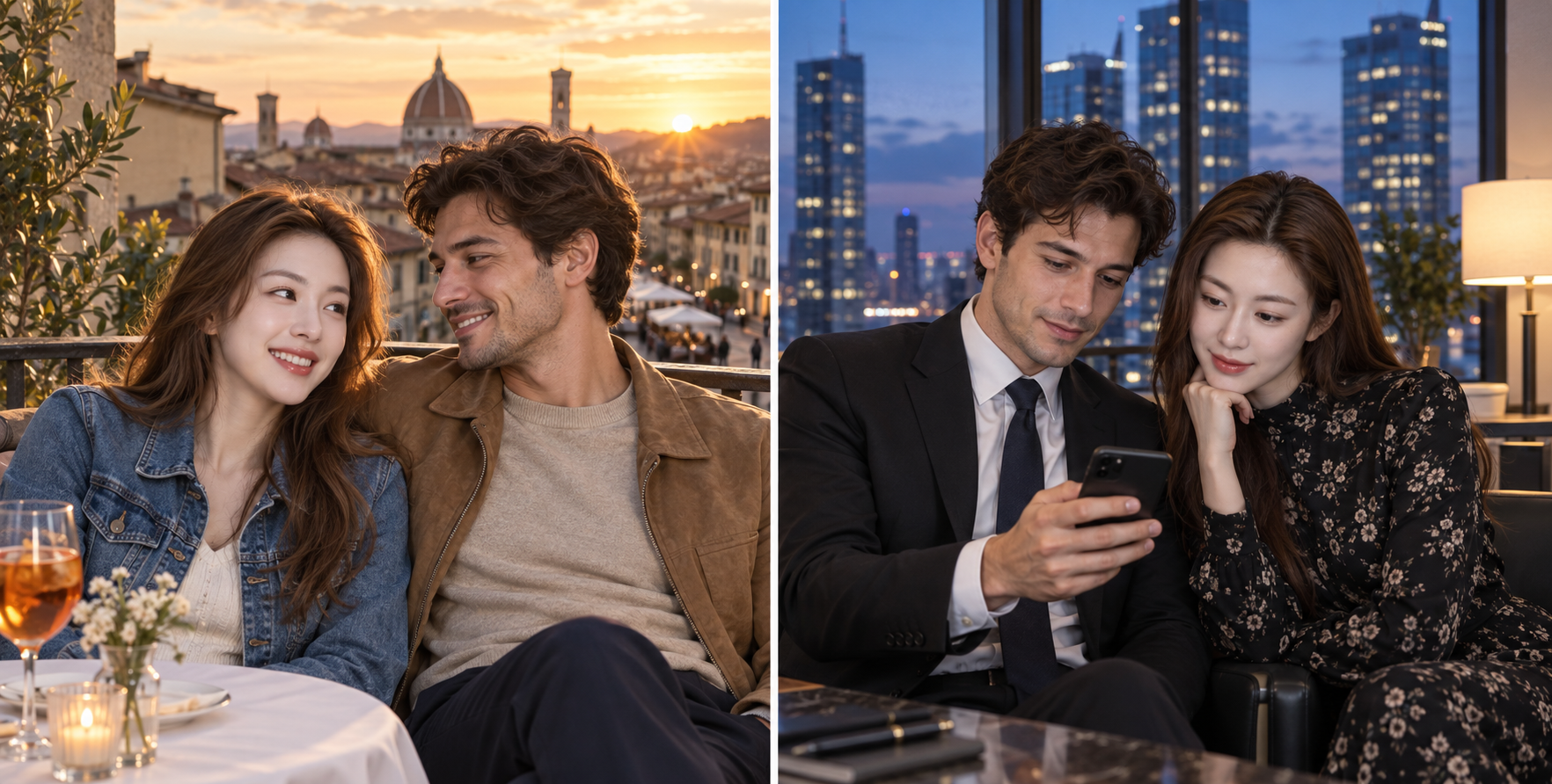 Warm European Rooftops and Blue Urban Interior Split-Screen Portrait
