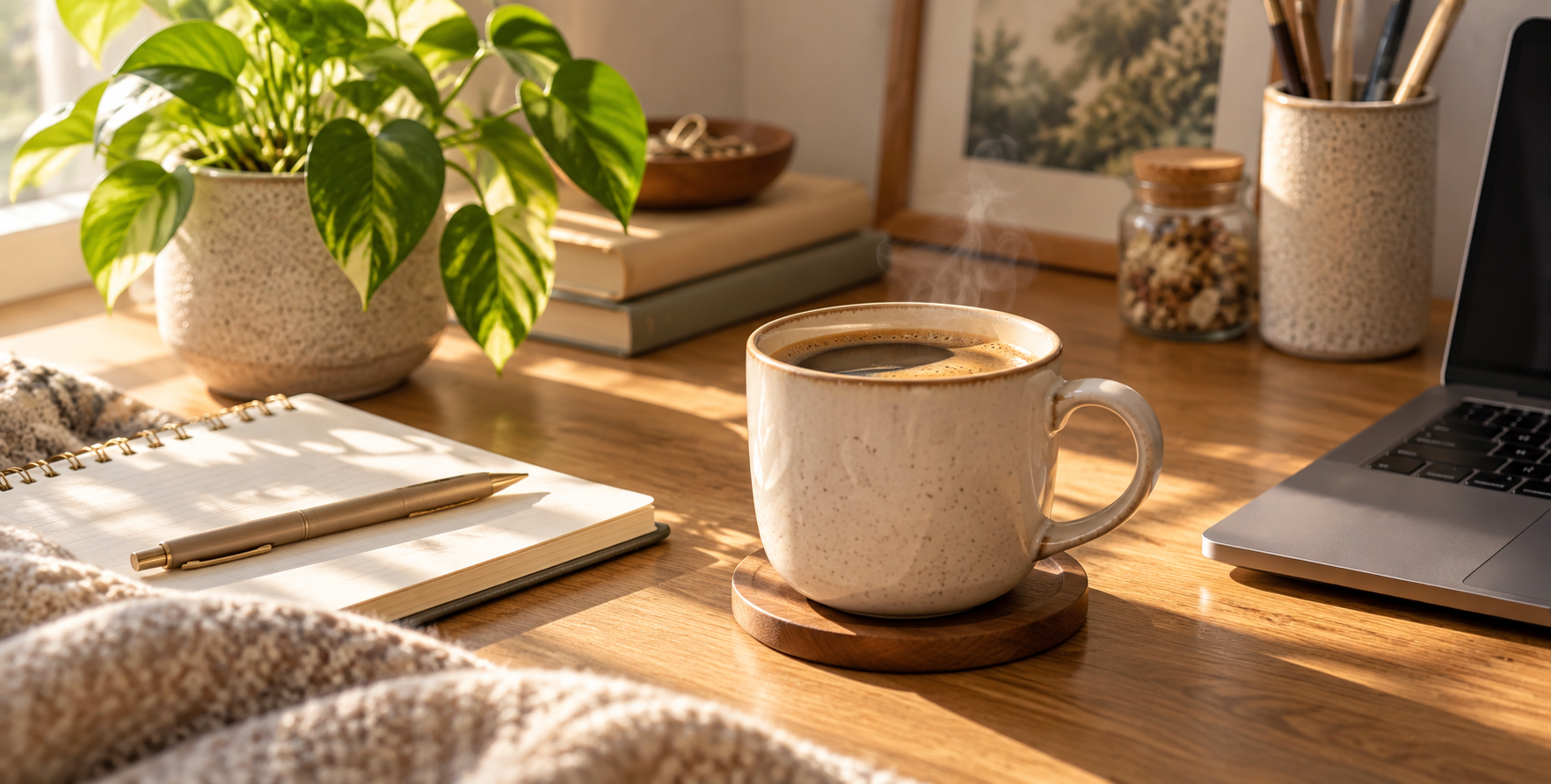 朝の柔らかな光に包まれた温かな机と香り高いコーヒー